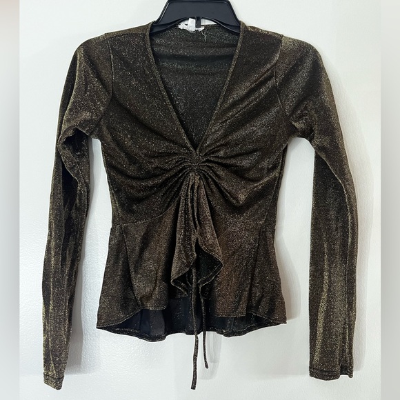 A’gaci Metallic Gold Y2K Ruched Plunge Peplum Pull Tie Cascade Top Blouse - Picture 3 of 5